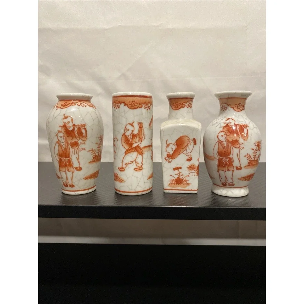 Vintage Oriental Objects D'Art Orange & White Crackle Mini Vases  Decorative 4
